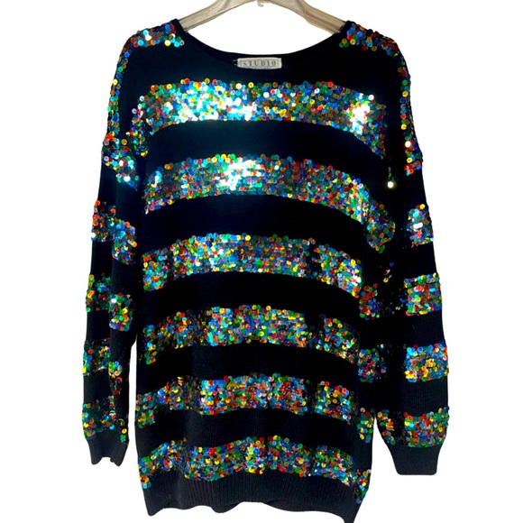 Studio Sweaters - Vintage Studio Black Multicolor Sequin Cotton Blend Knit Long 80s Sweater Sz M